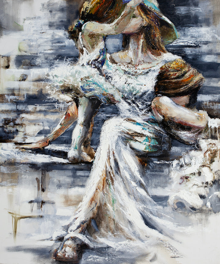 Gallery-level fine art figurative painting on rolled canvas showing two women in flowing dresses and wide hats, rendered. - Sibling Rivalry/AP/#415 - Artist Proofs, Figurative AP, Rolled Canvas
