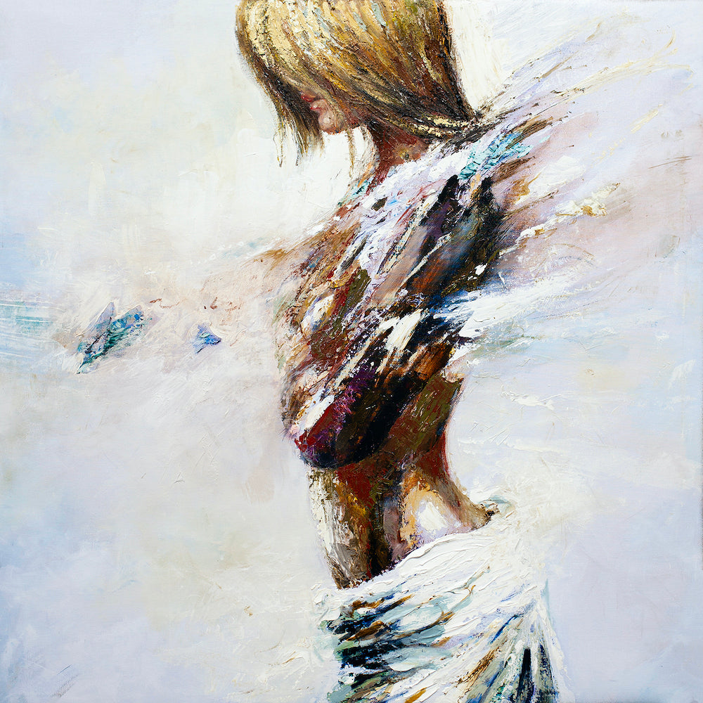 Abstract figurative fine art of a woman with golden hair fading into textured brushstrokes on a soft, muted background,. - Butterfly Glow/AP/#418 - Artist Proofs, Figurative AP, Rolled Canvas