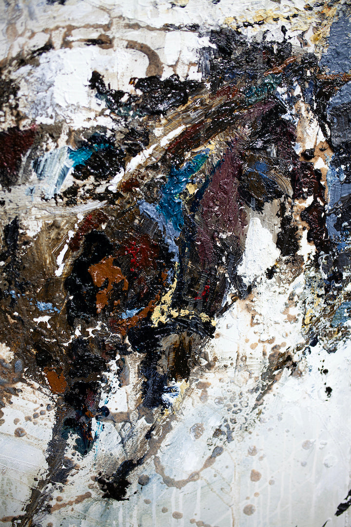 Abstract fine art with rich textures and layered brushstrokes in dark brown, blue, and white tones on gallery-level rolled. - Cavalier/AP/#423 - Abstract AP, Artist Proofs, Rolled Canvas