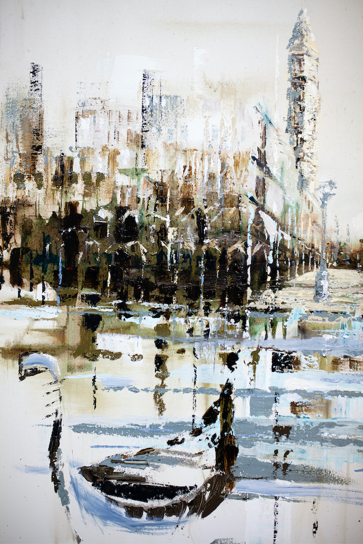 Limited fine art canvas featuring a rich, textured cityscape with gondolas and water reflections, showcasing expert. - Gondola/AP/#424 - Artist Proofs, Cityscape AP, Rolled Canvas, Water Scenes AP