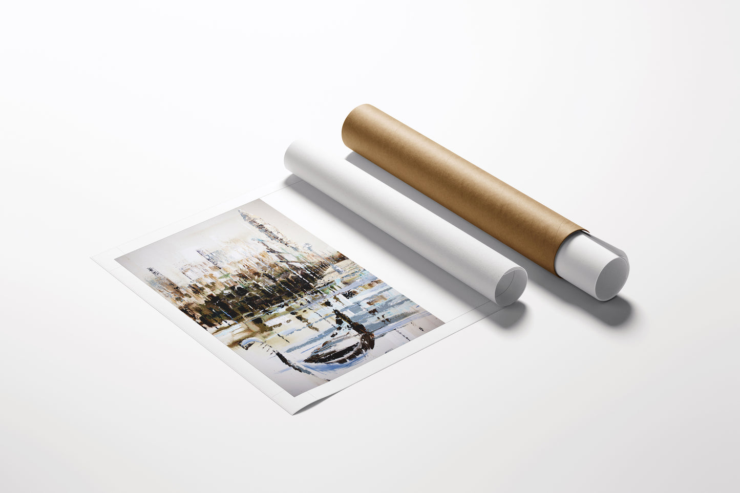 Limited fine art print titled Gondola/AP/#424 depicting a rich cityscape with boats on water, displayed alongside two rolled . - Gondola/AP/#424 - Artist Proofs, Cityscape AP, Rolled Canvas, Water Scenes AP