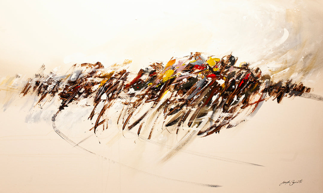 Abstract fine art depicting bicyclists in motion with rich earth tones and dynamic brushstrokes on gallery-level canvas. - Cyclists/AP/#427 - Abstract AP, Artist Proofs, Figurative AP, Rolled Canvas