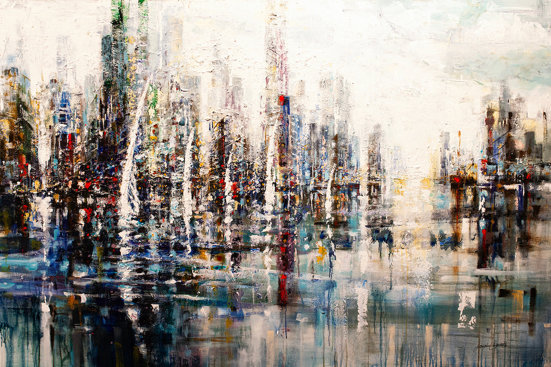 Abstract cityscape fine art showing densely clustered vertical brushstrokes in rich blues, browns, and whites with. - Sunday Sail/AP/#429 - Abstract AP, Artist Proofs, Cityscape AP, Rolled Canvas, Water Scenes AP