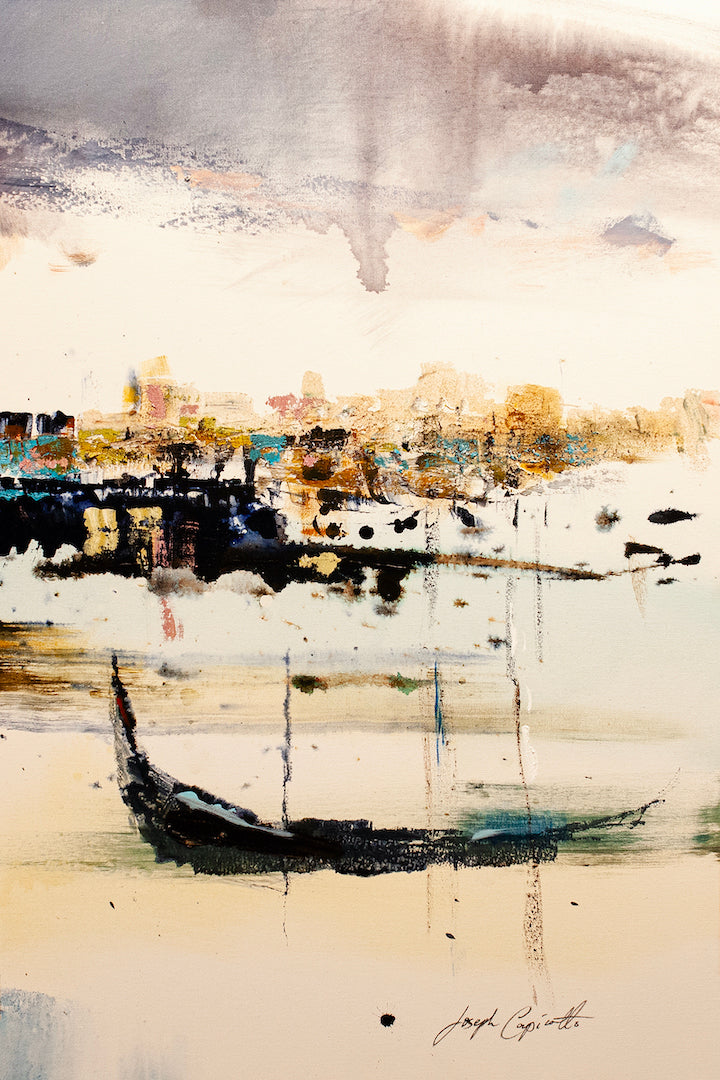 Abstract Venice waterfront scene in rich earth tones and soft washes, showcasing gallery-level craftsmanship on rolled. - Venice triptych (right)/AP/#435 - Abstract AP, Artist Proofs, Rolled Canvas, Water Scenes AP