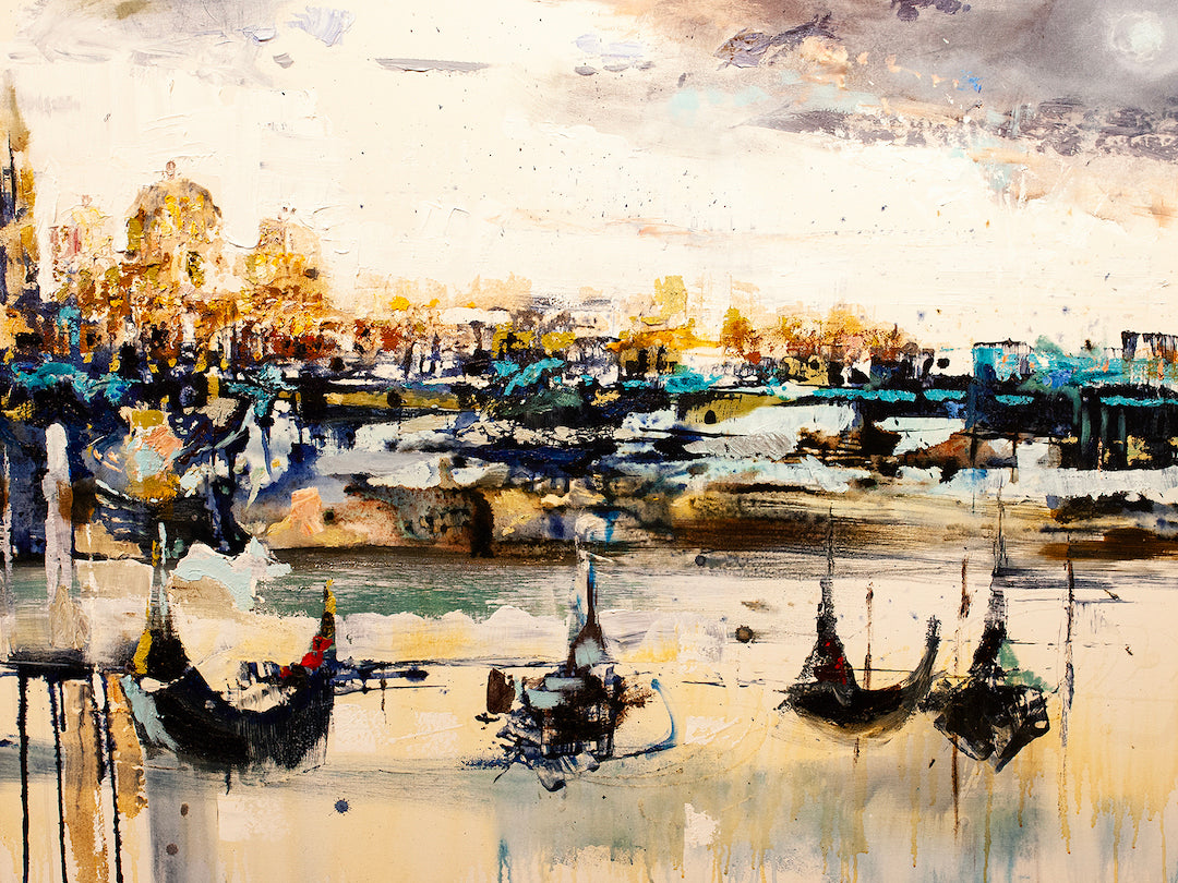 Gallery-level fine art triptych featuring a rich, textured Venice cityscape with gondolas on reflective water under a golden . - Venice Triptych (centre)/AP/#435 - Artist Proofs, Cityscape AP, Rolled Canvas, Water Scenes AP