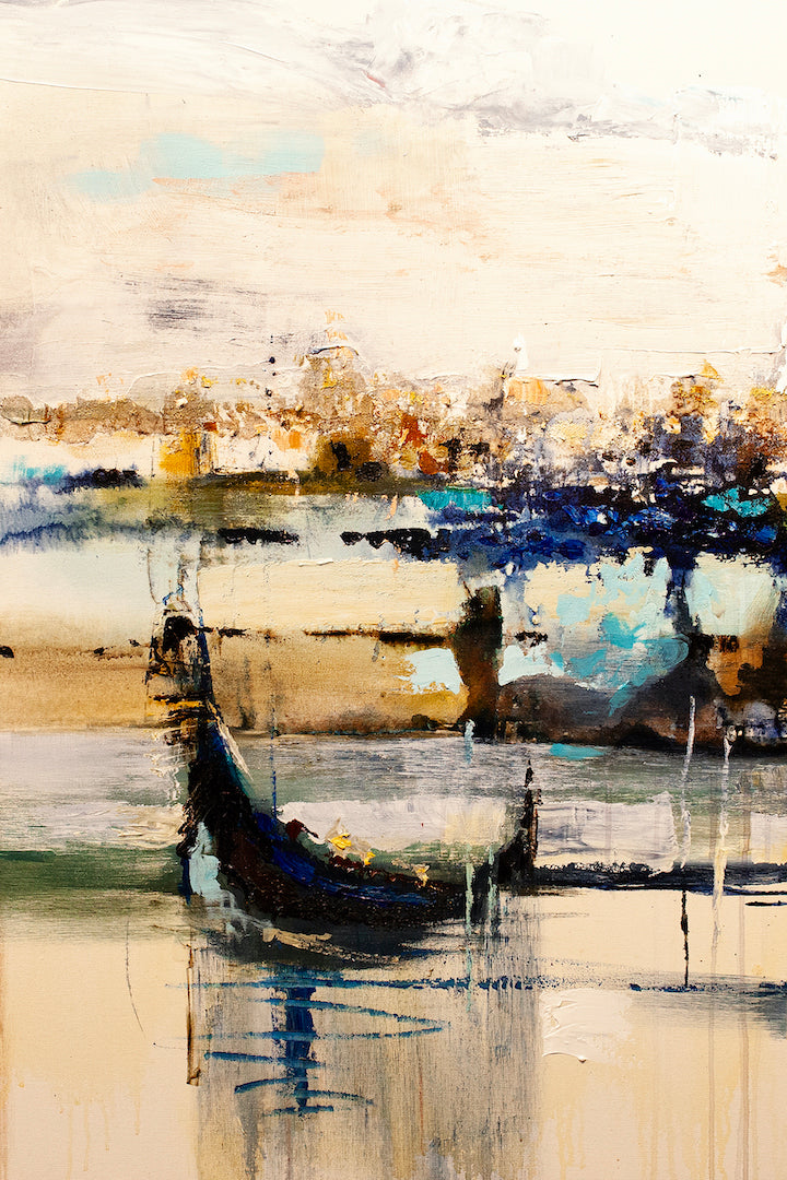 Limited edition fine art canvas featuring a rich, abstract Venice triptych with textured brushstrokes and deep blue, gold,. - Venice triptych (left)/AP/#435 - Abstract AP, Artist Proofs, Rolled Canvas, Water Scenes AP