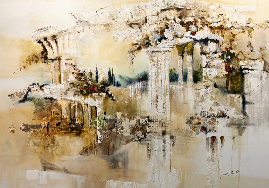 Richly textured abstract cityscape with delicate neutral tones, layered architectural forms, and fine art craftsmanship on. - Ruins/AP/#437 - Abstract AP, Artist Proofs, Cityscape AP, Rolled Canvas