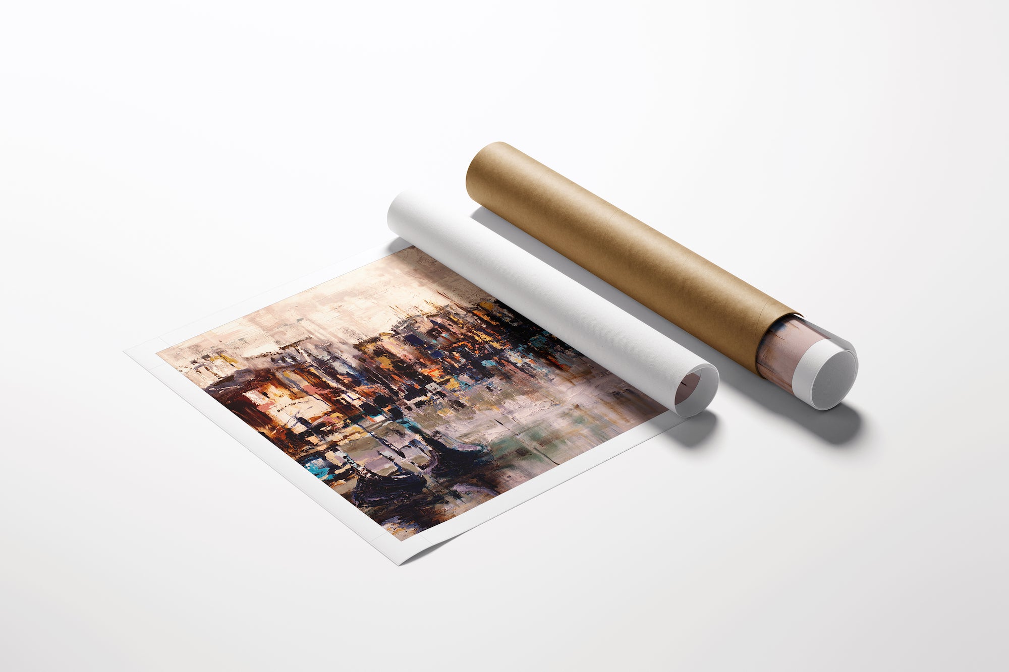 Rolled fine art canvas with rich, warm cityscape artwork featuring intricate Venetian architecture, highlighting. - Panoramic Venetian Siesta (centre)/AP/#447 - Artist Proofs, Cityscape AP, Rolled Canvas, Water Scenes AP