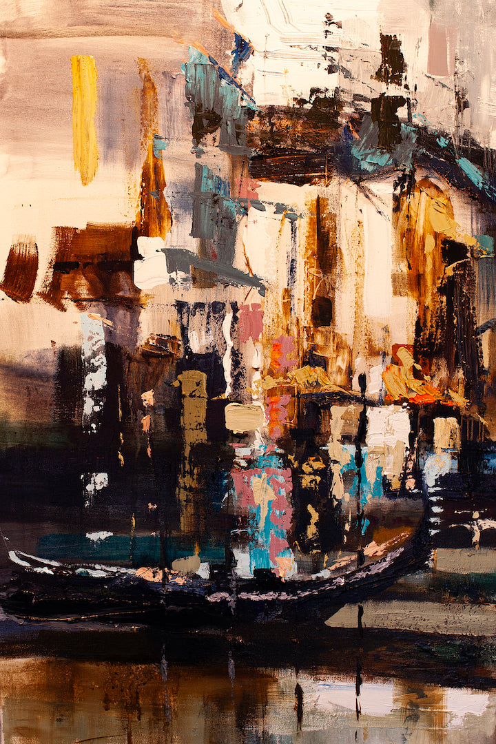 Abstract cityscape artwork in rich browns, blues, and ochres on textured canvas, showcasing gallery-level craftsmanship and. - Venetian Siesta (left)/AP/#447 - Abstract AP, Artist Proofs, Cityscape AP, Rolled Canvas