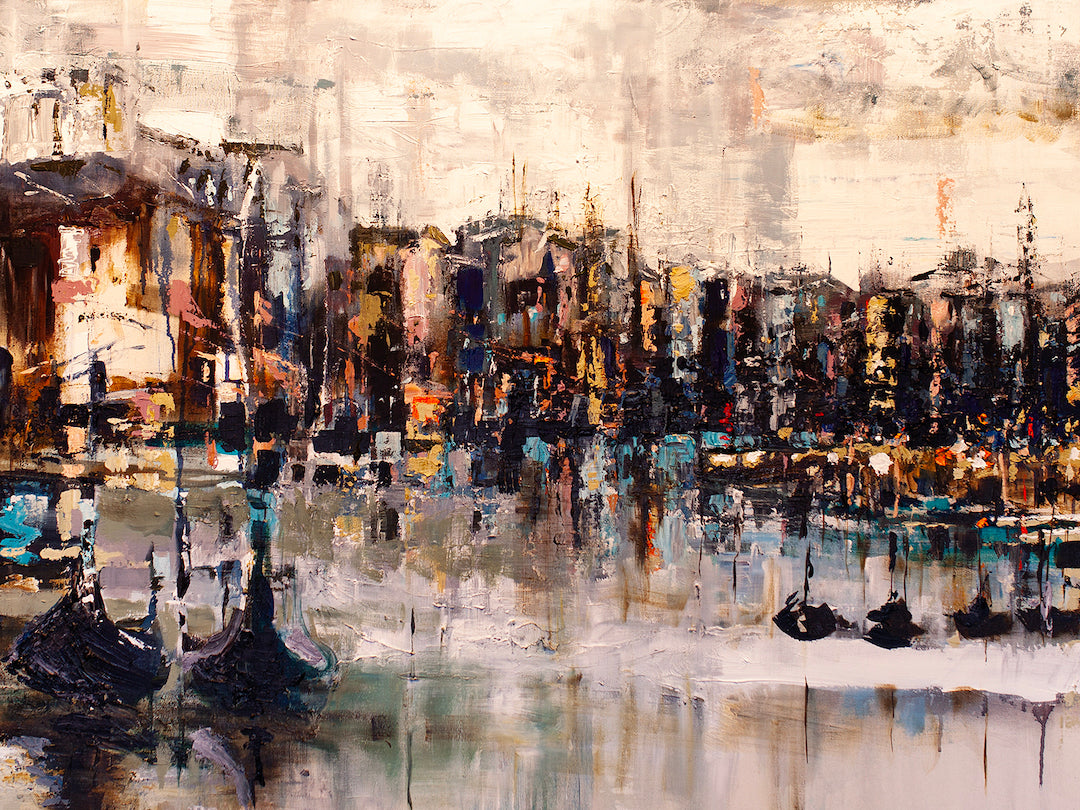 Richly textured panoramic Venetian cityscape on gallery-level canvas, showcasing fine art craftsmanship with muted earth. - Panoramic Venetian Siesta (centre)/AP/#447 - Artist Proofs, Cityscape AP, Rolled Canvas, Water Scenes AP