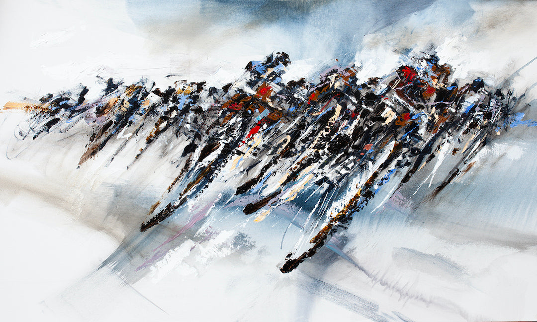 Abstract fine art painting of dynamic cyclists racing, rich brushstrokes in blues, blacks, and reds, showcasing. - Cyclists/AP/#450 - Abstract AP, Artist Proofs, Figurative AP, Rolled Canvas