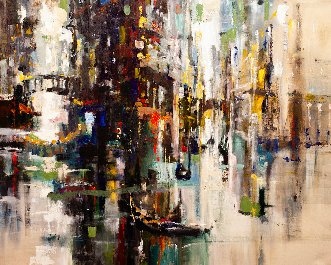 Abstract cityscape with rich, textured brushstrokes in warm and cool tones, showcasing gallery-level craftsmanship on rolled . - Intersection/AP/#451 - Abstract AP, Artist Proofs, Cityscape AP, Rolled Canvas