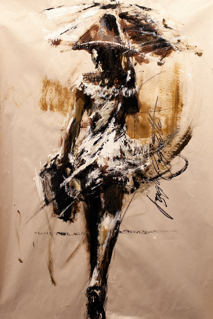 Abstract figurative painting of a dancing female figure in black and white brushstrokes on a warm beige rolled canvas,. - Figure Study/AP/#452 - Artist Proofs, Figurative AP, Rolled Canvas