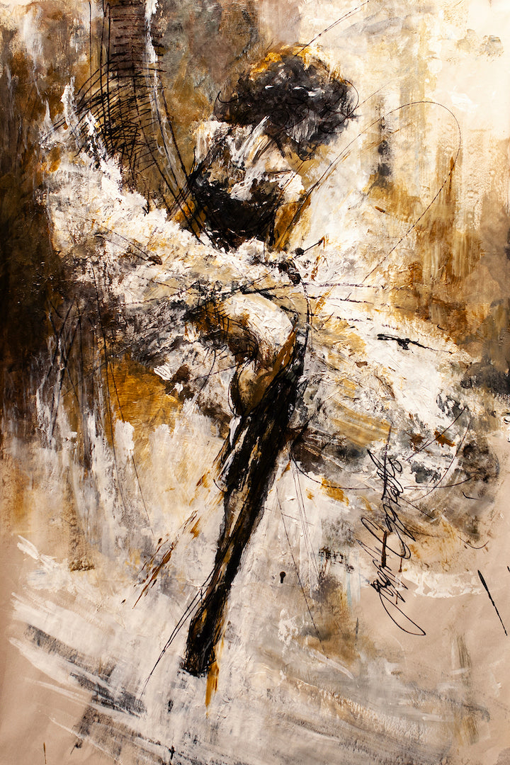 Limited edition fine art print of a graceful dancer in rich earthy tones, showcasing expert craftsmanship and gallery-level. - Figure Study/AP/#453 - Artist Proofs, Dancers AP, Figurative AP, Rolled Canvas