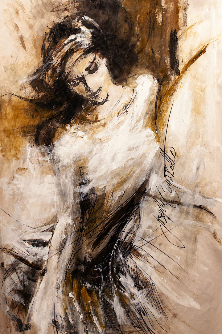 Rich, expressive figurative painting of a dancer in motion, warm sepia and white tones, dynamic brushwork showcasing. - Figure Study/AP/#454 - Artist Proofs, Dancers AP, Figurative AP, Rolled Canvas
