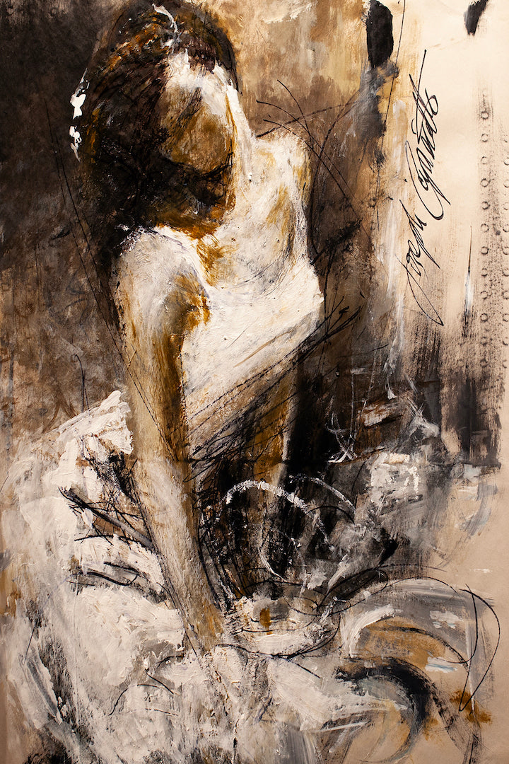 Limited edition fine art figurative painting of a dancer in white dress with rich brown and sepia tones, showcasing. - Figure Study/AP/#455 - Artist Proofs, Dancers AP, Figurative AP, Rolled Canvas