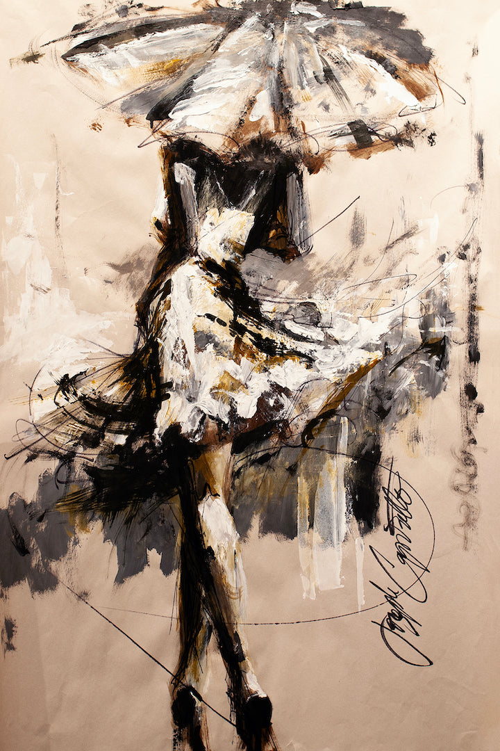 Gallery-level figurative artwork of a woman in a flowing dress holding an umbrella, rich black and beige tones, expressive. - Figure Study/AP/#457 - Artist Proofs, Figurative AP, Rolled Canvas