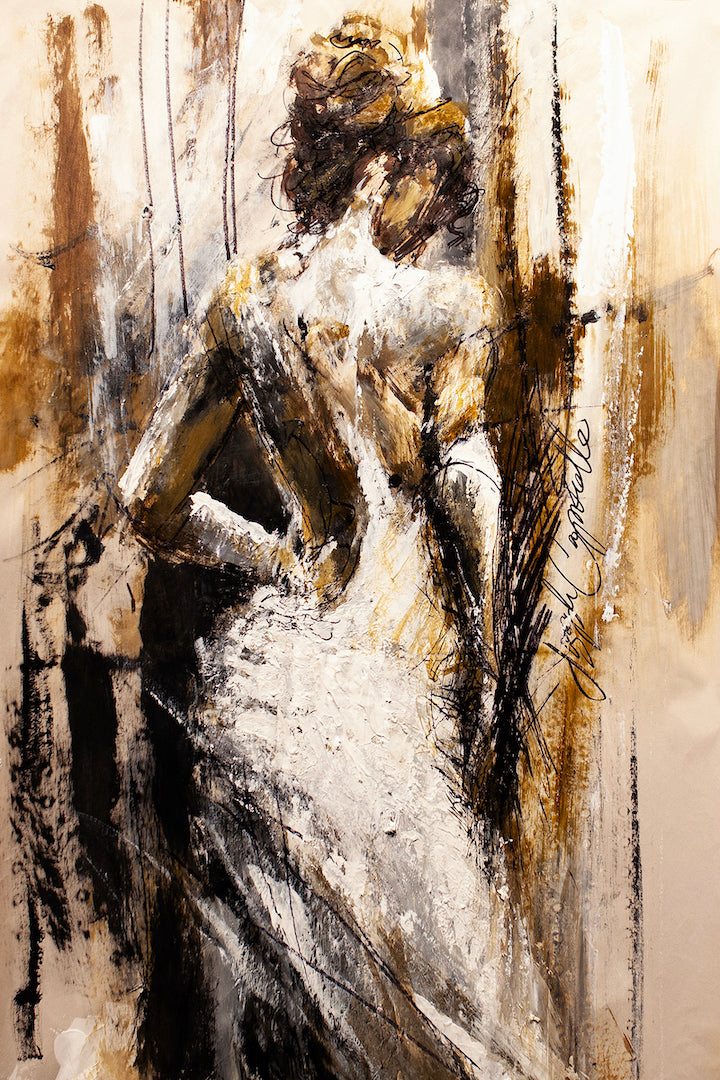 Limited gallery-level fine art featuring a rich, textured figurative study of a woman in a white dress, showcasing. - Figure Study/AP/#458 - Artist Proofs, Figurative AP, Rolled Canvas