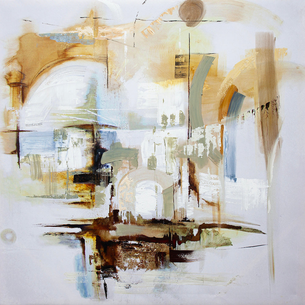 Abstract fine art painting with rich earth tones, soft beige, brown, and muted blue, showcasing refined craftsmanship on. - The Forgotten Land/AP/#459 - Abstract AP, Artist Proofs, Rolled Canvas