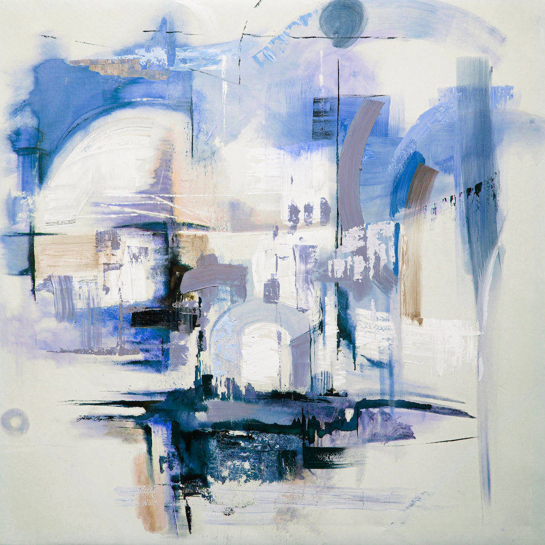 Abstract fine art with rich blue and white tones, textured brushstrokes, and subtle architectural forms on canvas. - The Forgotten Land/#459/C - Abstract, Blues, Color, Prints, Subject Matter