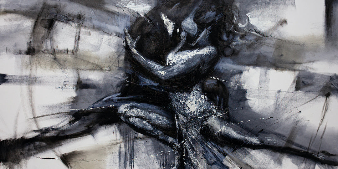 Limited fine art canvas showing two dancers entwined in an intense embrace, rendered with rich black and gray tones,. - Clash Dance/AP/#460 - Artist Proofs, Dancers AP, Figurative AP, Rolled Canvas