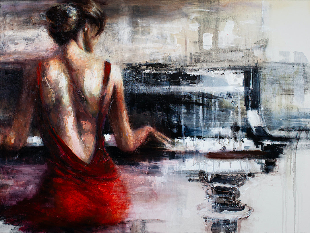 Limited fine art painting of a woman in a red dress playing piano, showcasing rich texture and gallery-level craftsmanship. - Piano Dreams/AP/#464 - Artist Proofs, Figurative AP, Rolled Canvas, Women & Piano AP