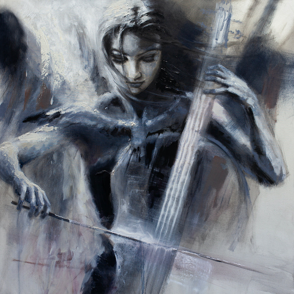 Gallery-level fine art canvas depicting a female cellist in shades of gray and blue with rich brushwork and expressive. - Taking Flight/AP/#465 - Artist Proofs, Figurative AP, Rolled Canvas