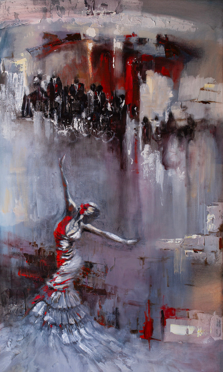 Rich, limited fine art painting depicting dancers in motion with abstract background, bold reds and grays, gallery-level. - A Night at the Opera/AP/#471 - Artist Proofs, Dancers AP, Figurative AP, Rolled Canvas