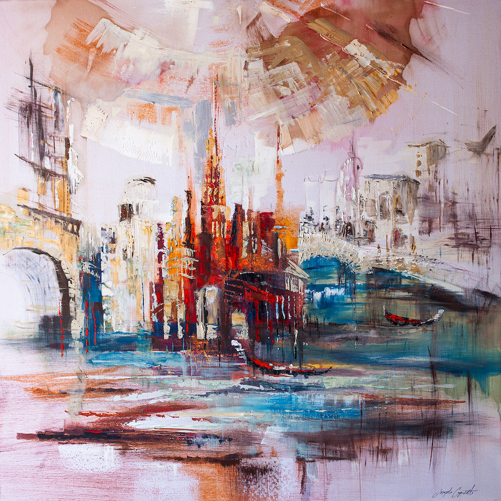 Abstract cityscape with rich reds, golds, and blues on rolled canvas, showcasing fine art craftsmanship and gallery-level. - Utopia/AP/#472 - Abstract AP, Artist Proofs, Cityscape AP, Rolled Canvas
