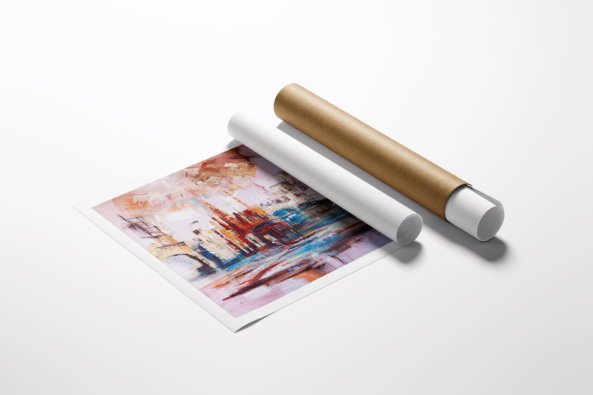 Limited gallery-level fine art print titled Utopia/AP/#472 with rich abstract cityscape in warm tones, shown beside rolled. - Utopia/AP/#472 - Abstract AP, Artist Proofs, Cityscape AP, Rolled Canvas
