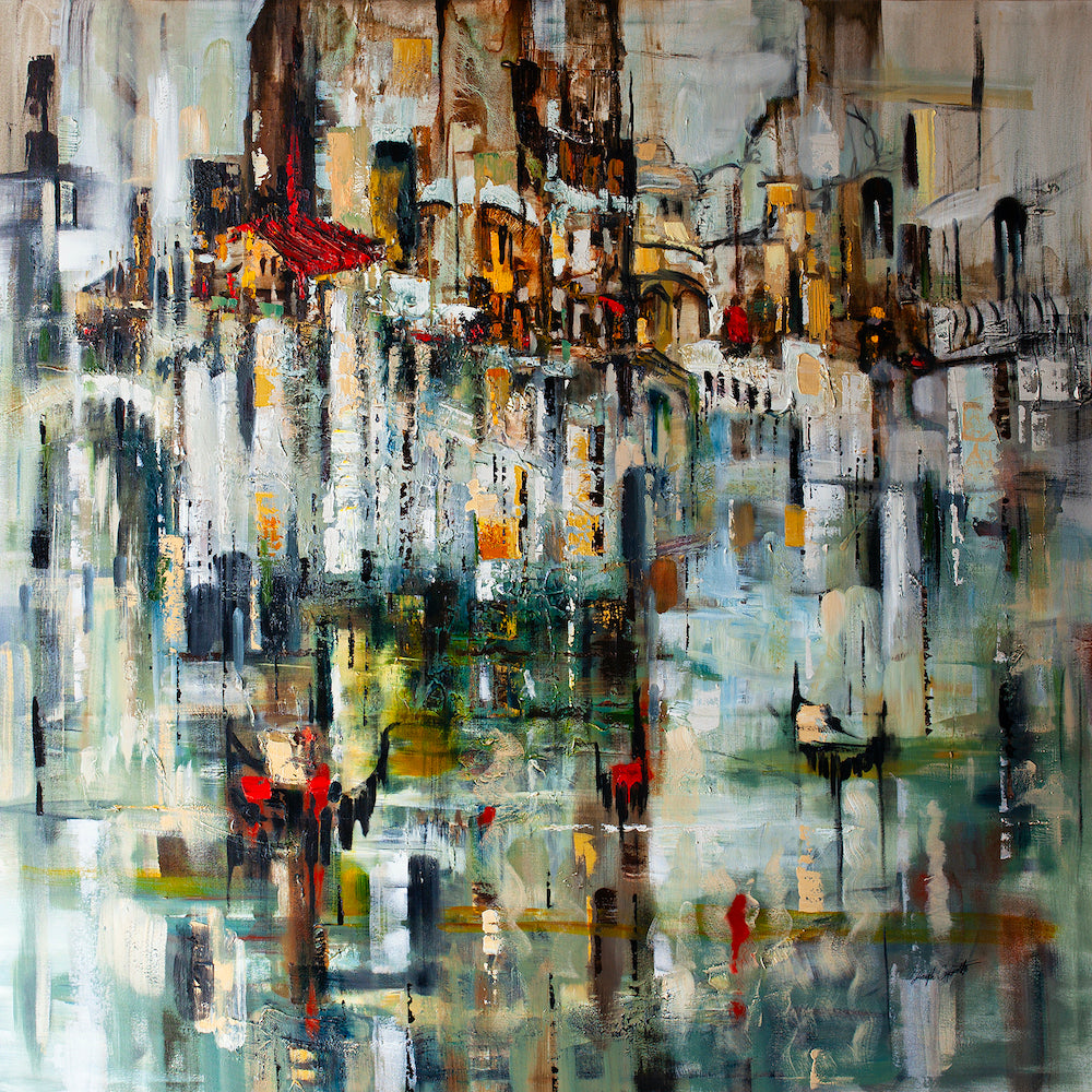 Rich abstract cityscape with layered brushstrokes in muted tones of blue, grey, and ochre, showcasing gallery-level. - Rialto/AP/#474 - Abstract AP, Artist Proofs, Cityscape AP, Rolled Canvas, Water Scenes AP