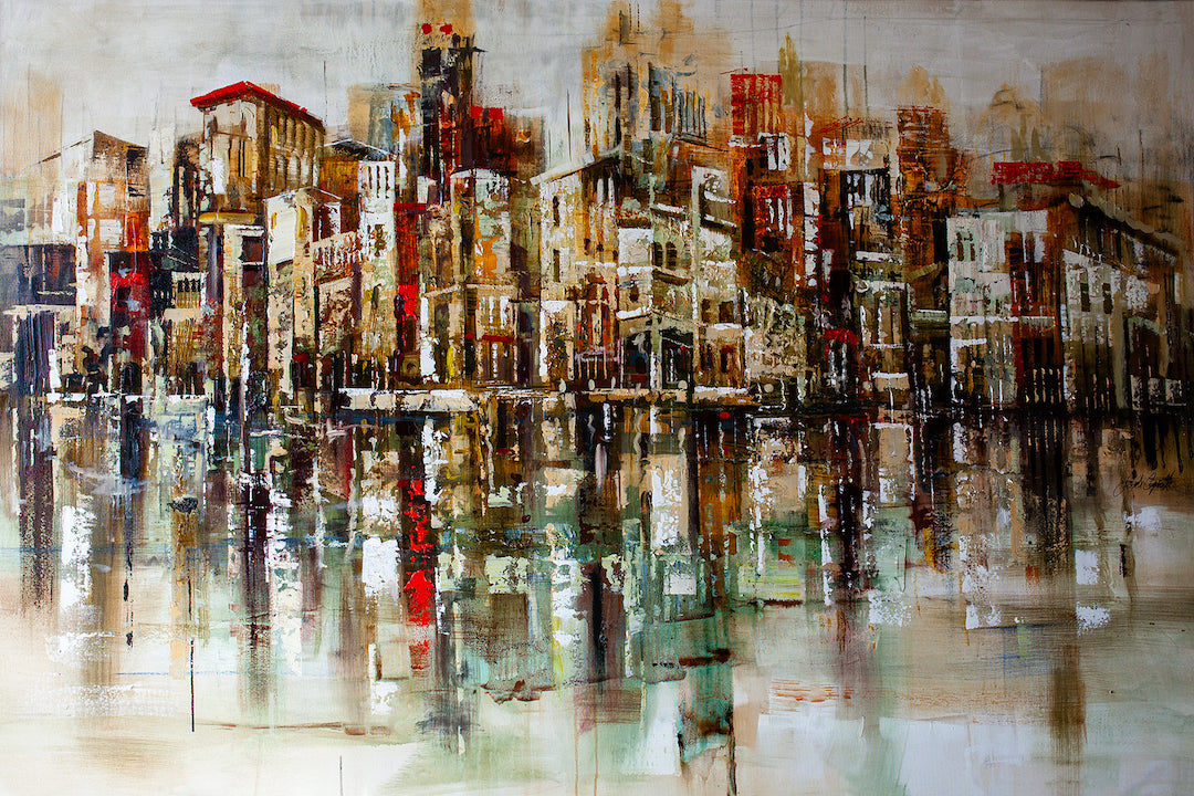 Rich, gallery-level fine art of a seaside village cityscape in warm tones, showcasing expert craftsmanship on rolled canvas. - Seaside Village/AP/#476 - Artist Proofs, Cityscape AP, Rolled Canvas, Water Scenes AP