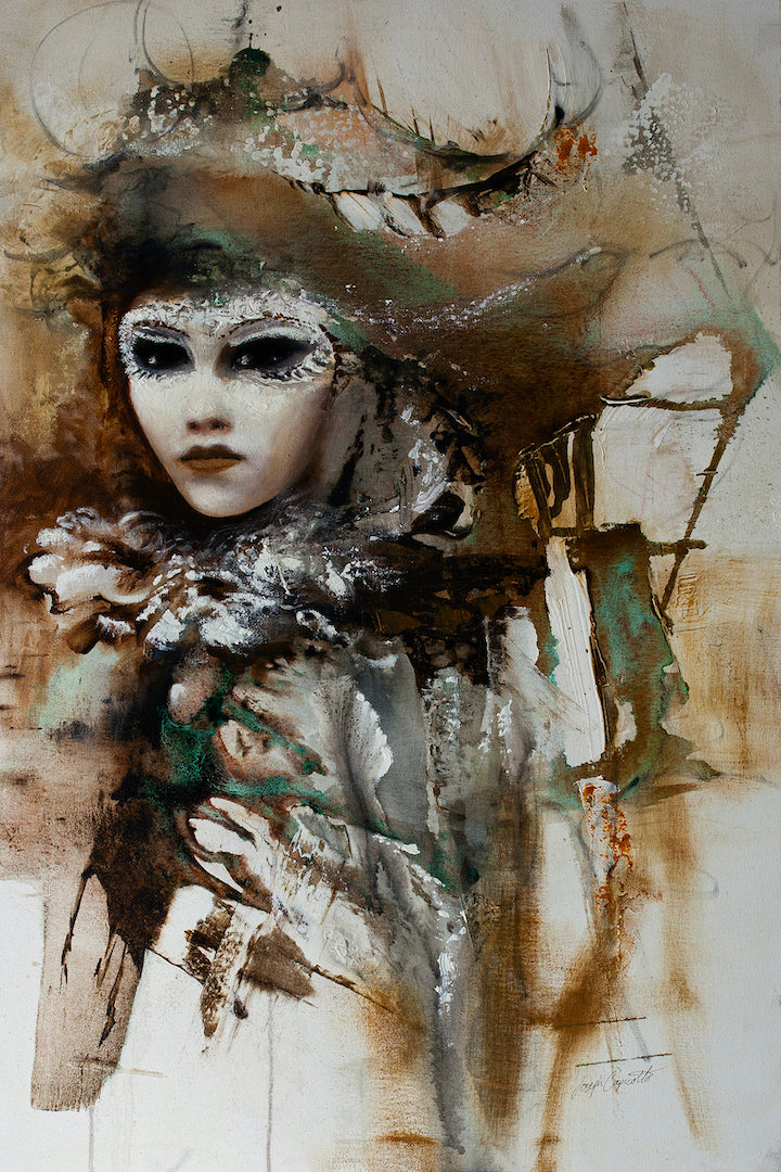 Limited edition fine art canvas featuring a rich, abstract figurative portrait with dramatic shadows and intricate texture. - Masquerade/AP/#477 - Abstract AP, Artist Proofs, Figurative AP, Rolled Canvas