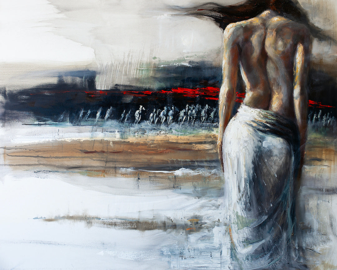 Fine art figurative painting of a woman with bare back draped in white fabric, soft earthy tones with rich, textured. - Wild Horses/AP/#478 - Artist Proofs, Figurative AP, Rolled Canvas