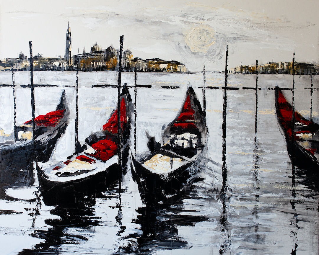 Limited fine art canvas featuring a rich, textured cityscape with gondolas in black, white, and red, showcasing. - Sunset/AP/#479 - Artist Proofs, Cityscape AP, Rolled Canvas, Water Scenes AP