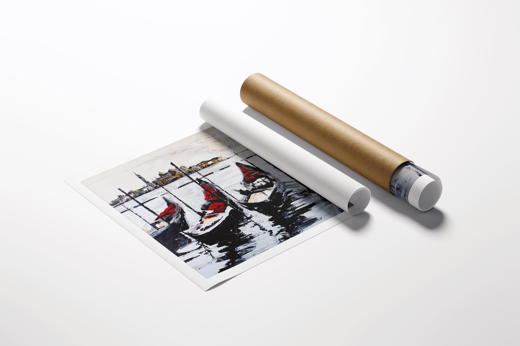 Limited fine art print featuring a rich cityscape with boats on water, rolled canvas showcasing gallery-level craftsmanship. - Sunset/AP/#479 - Artist Proofs, Cityscape AP, Rolled Canvas, Water Scenes AP