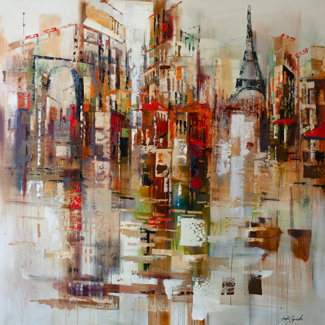 Abstract cityscape painting featuring rich brown, orange, and beige tones with layered textures and brushstrokes, showcasing . - Paris Abstract/AP/#480 - Abstract AP, Artist Proofs, Cityscape AP, Rolled Canvas