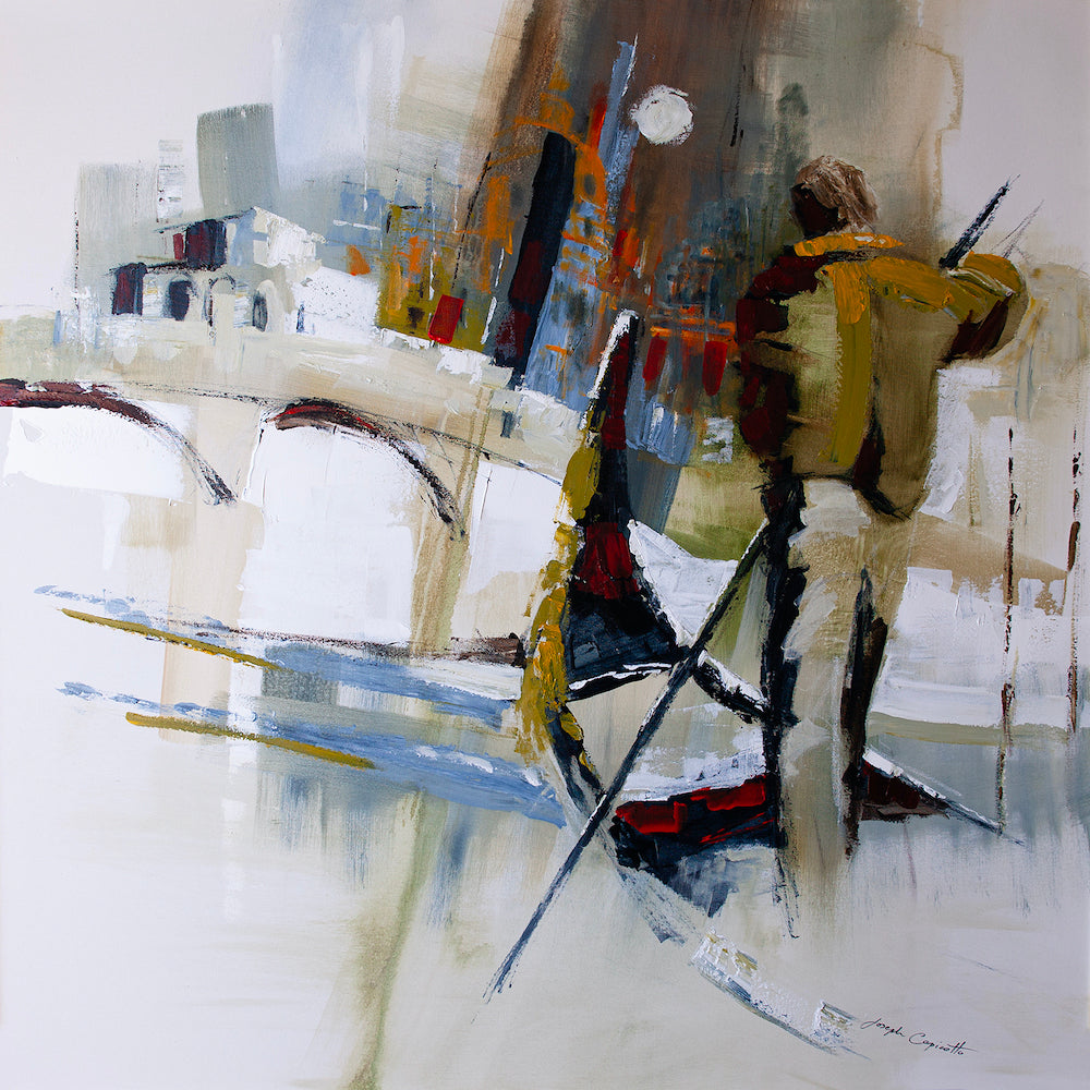 Limited fine art canvas featuring rich, abstract figurative gondolier with dynamic brushstrokes in muted blues, warm browns, . - II Gondoliere/AP/#481 - Abstract AP, Artist Proofs, Figurative AP, Rolled Canvas