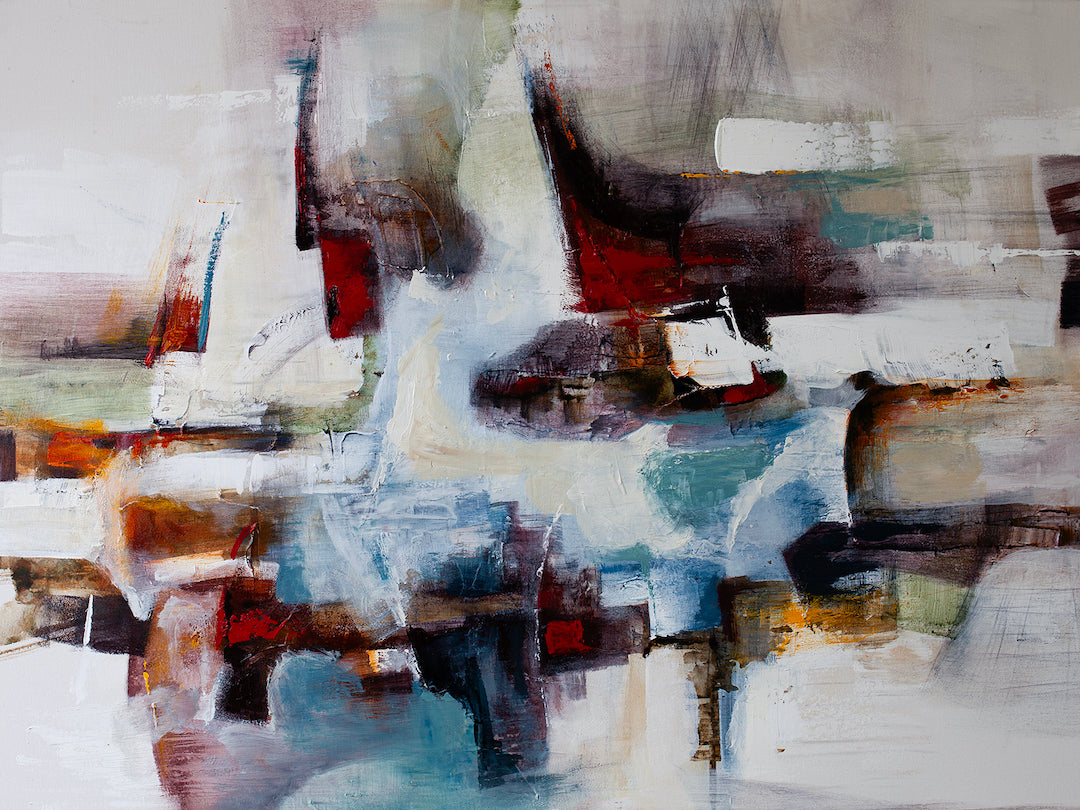Rich abstract painting on rolled canvas featuring layered brushstrokes in blue, red, white, and brown with gallery-level. - Abstract #1/AP/#482 - Abstract AP, Artist Proofs, Rolled Canvas