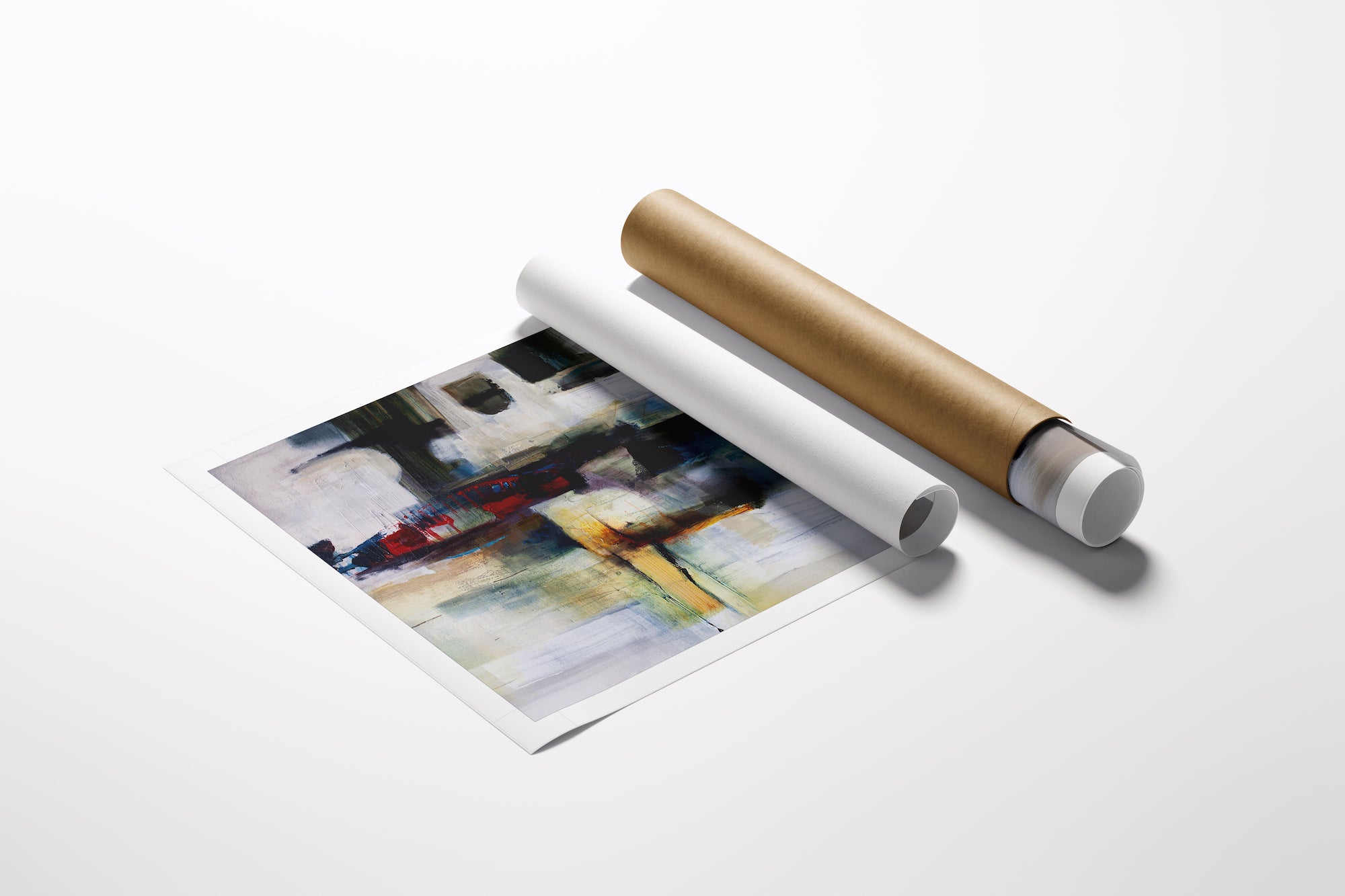Rolled fine art canvas with rich abstract design featuring layered colors and dynamic brushstrokes next to a protective. - Abstract #2/AP/#483 - Abstract AP, Artist Proofs, Rolled Canvas