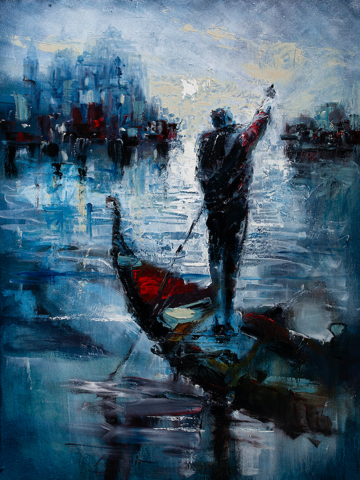 Richly textured fine art canvas depicting a lone gondolier in dark silhouette guiding a gondola through reflective blue. - Midnight Gondolier/AP/#484 - Artist Proofs, Figurative AP, Rolled Canvas, Water Scenes AP