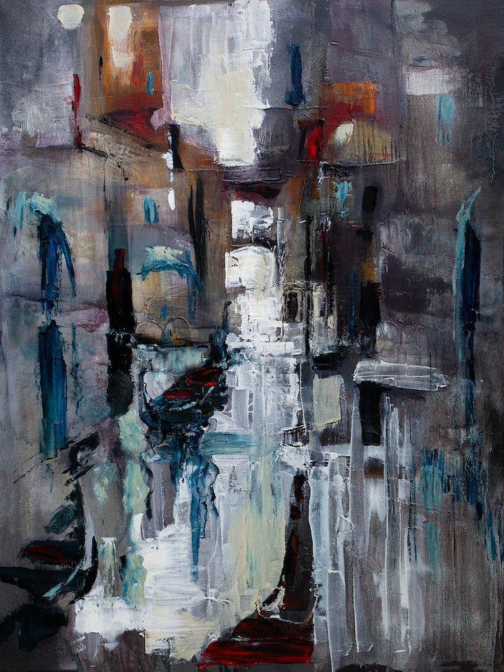Limited fine art canvas depicting a rich, abstract Venice cityscape with textured brushstrokes and moody, muted tones,. - Venice Abstract/AP/#486 - Artist Proofs, Cityscape AP, Rolled Canvas, Water Scenes AP