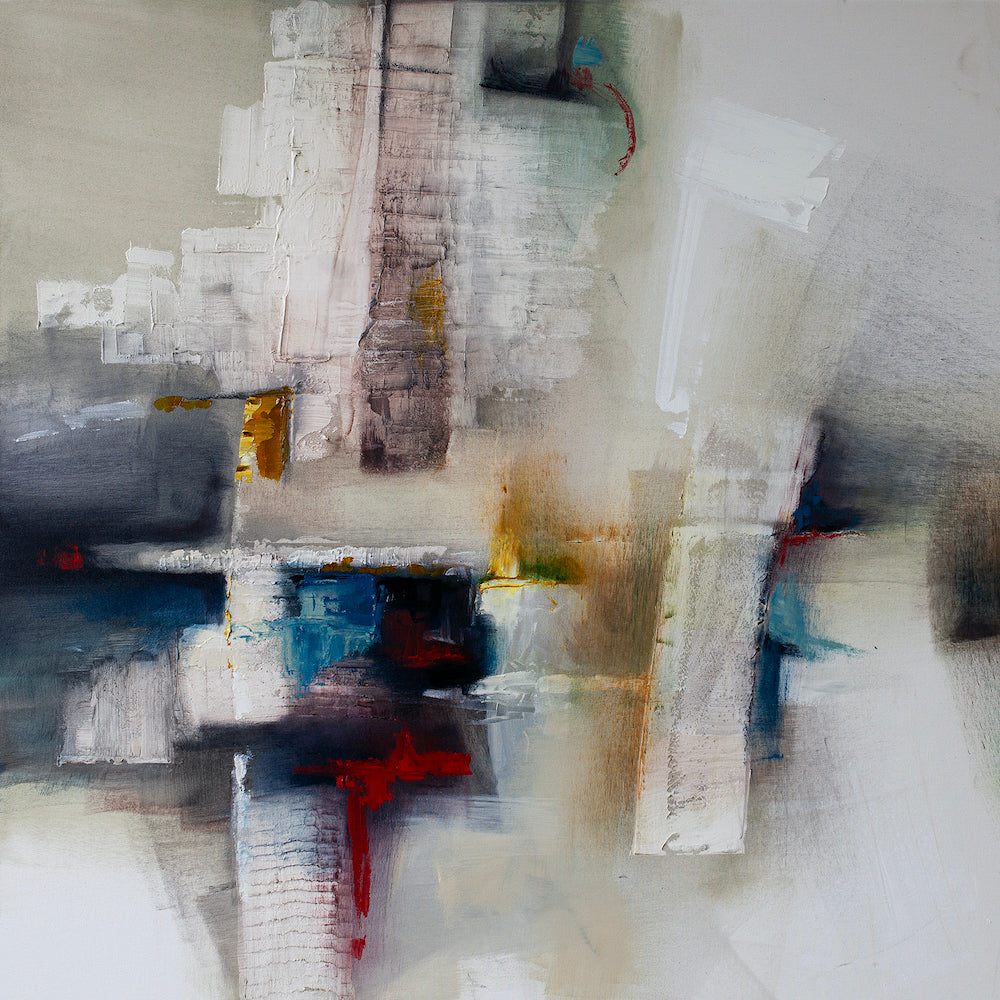 Rich abstract fine art on textured canvas featuring layered brushstrokes in muted white, beige, deep red, blue, and gold. - Abstract #4/AP/#487 - Abstract AP, Artist Proofs, Rolled Canvas