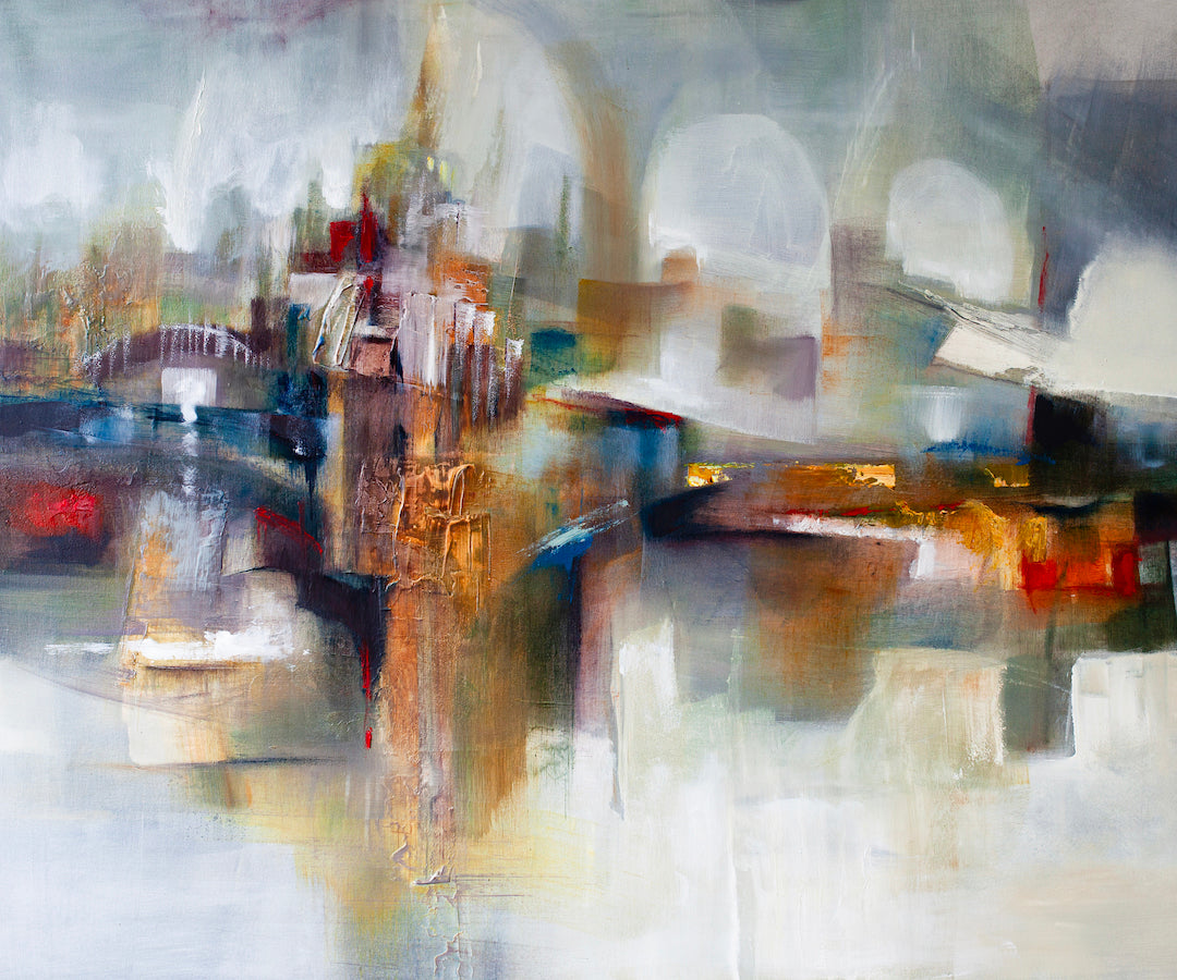 Abstract cityscape on rolled canvas, rich earthy tones with gold and blue accents, showcasing fine art craftsmanship and. - Abstract City/AP/#489 - Abstract AP, Artist Proofs, Rolled Canvas