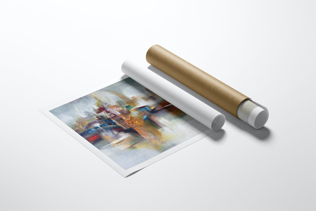 Rolled limited edition abstract cityscape print featuring rich, gallery-level fine art colors beside two protective storage. - Abstract City/AP/#489 - Abstract AP, Artist Proofs, Rolled Canvas