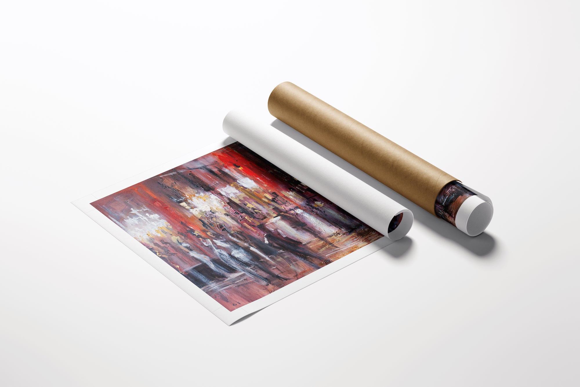 Rolled fine art canvas showing rich, abstract, figure-like forms in red, white, and brown tones, highlighting gallery-level. - Ivy League/AP/#490 - Abstract AP, Artist Proofs, Figurative AP, Rolled Canvas