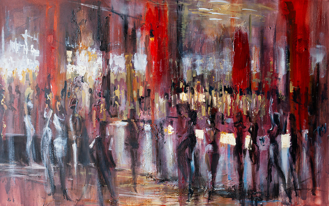 Rich abstract figurative artwork in deep reds and muted grays on gallery-level rolled canvas, showcasing fine craftsmanship. - Ivy League/AP/#490 - Abstract AP, Artist Proofs, Figurative AP, Rolled Canvas