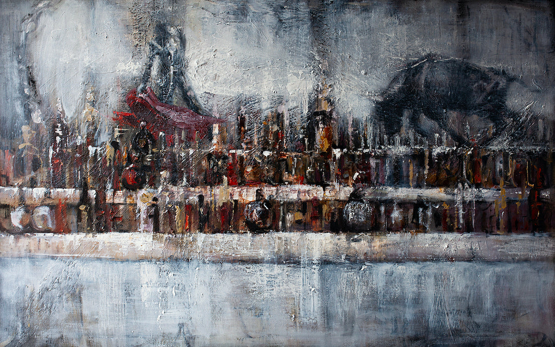 Richly textured gallery-level fine art canvas featuring a smoky bar scene with blurred bottles and abstract human figures in . - Bar on Morningstar/AP/#491 - Artist Proofs, Figurative AP, Rolled Canvas