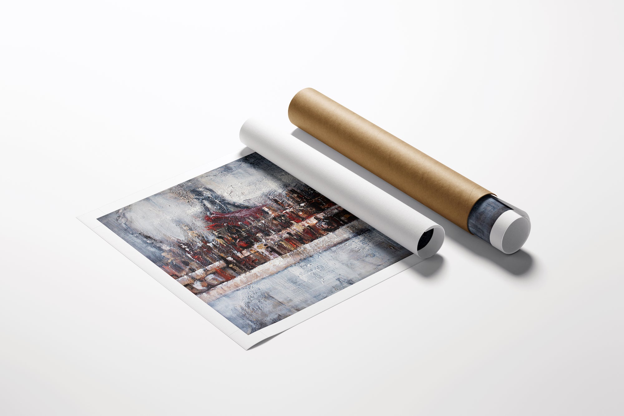 Rolled canvas fine art print of a richly detailed cityscape with gallery-quality craftsmanship, partially unrolled beside a. - Bar on Morningstar/AP/#491 - Artist Proofs, Figurative AP, Rolled Canvas
