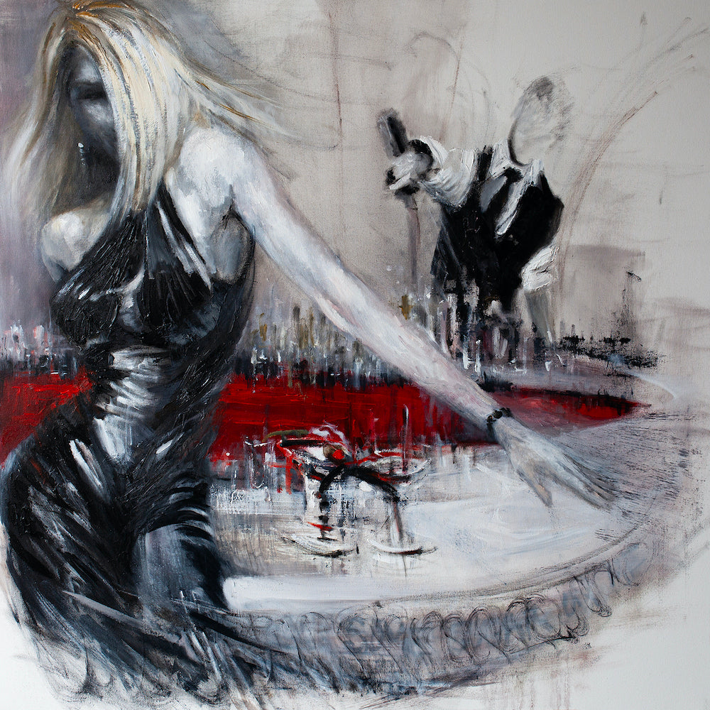 Gallery-level fine art painting of a slender woman in a glossy black dress at a bar, rich shades of grey, white, and red,. - Martini Dry/AP/#492 - Artist Proofs, Figurative AP, Rolled Canvas